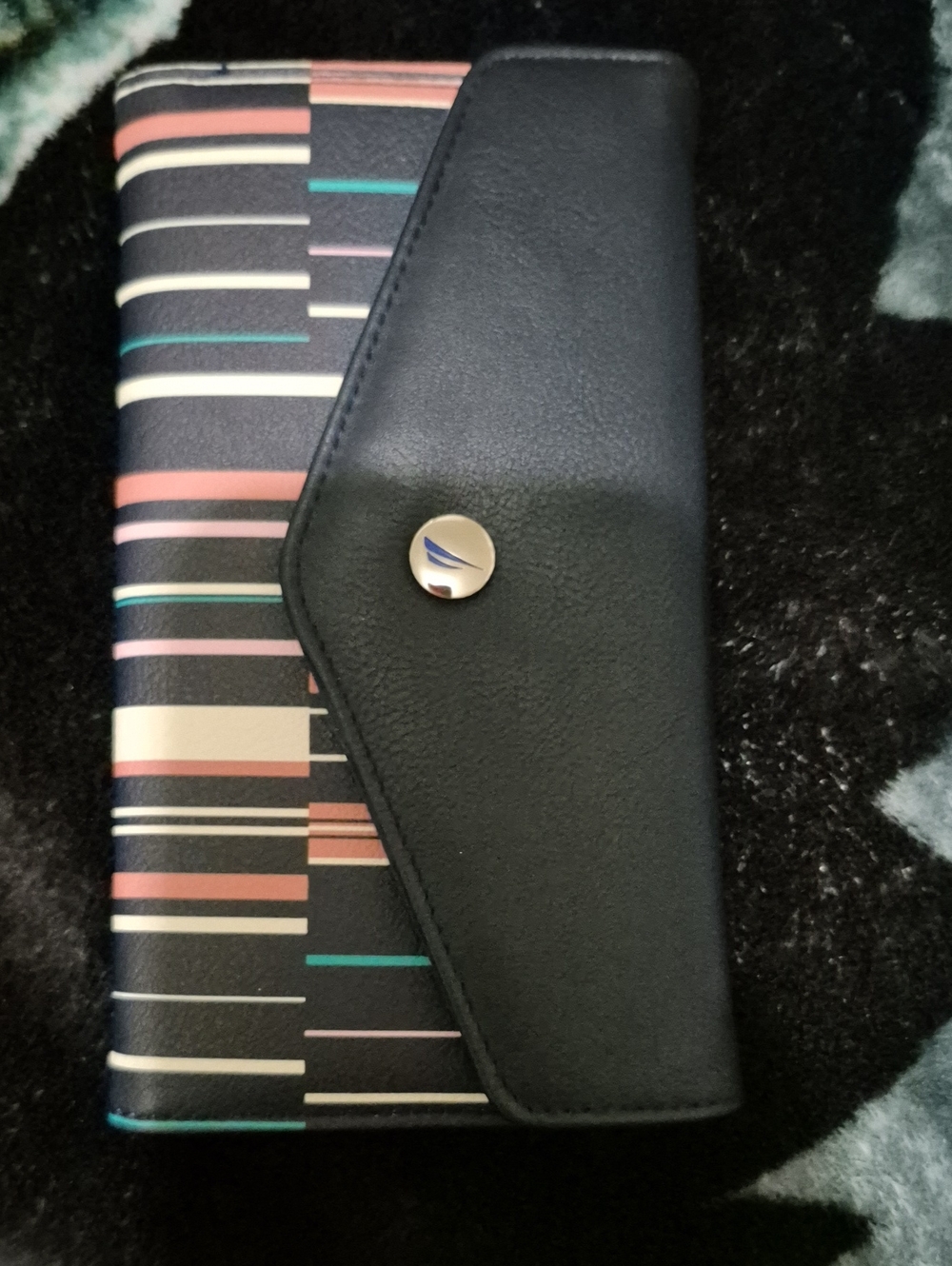 Striped Black Wallet Clutch with Accent Button